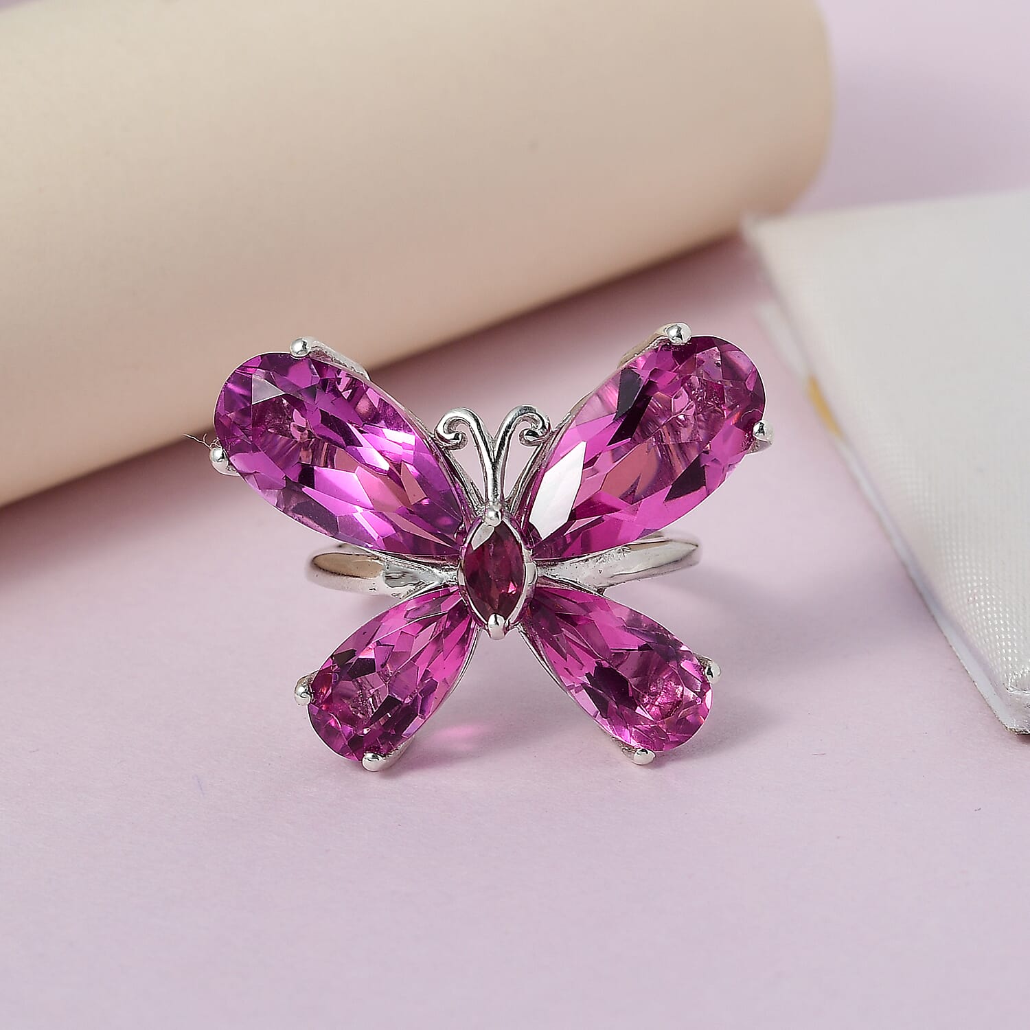 African Lilac Quartz (Triplet) and Orissa Rhodolite Garnet Butterfly Ring in Platinum Over Sterling Silver (Size 10.0) 14.15 ctw