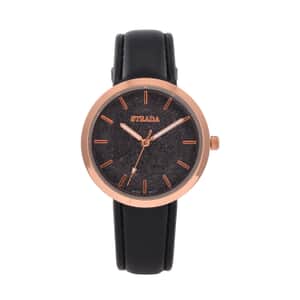 Strada Japanese Movement Black Stardust Dial Watch with Black Faux Leather Strap