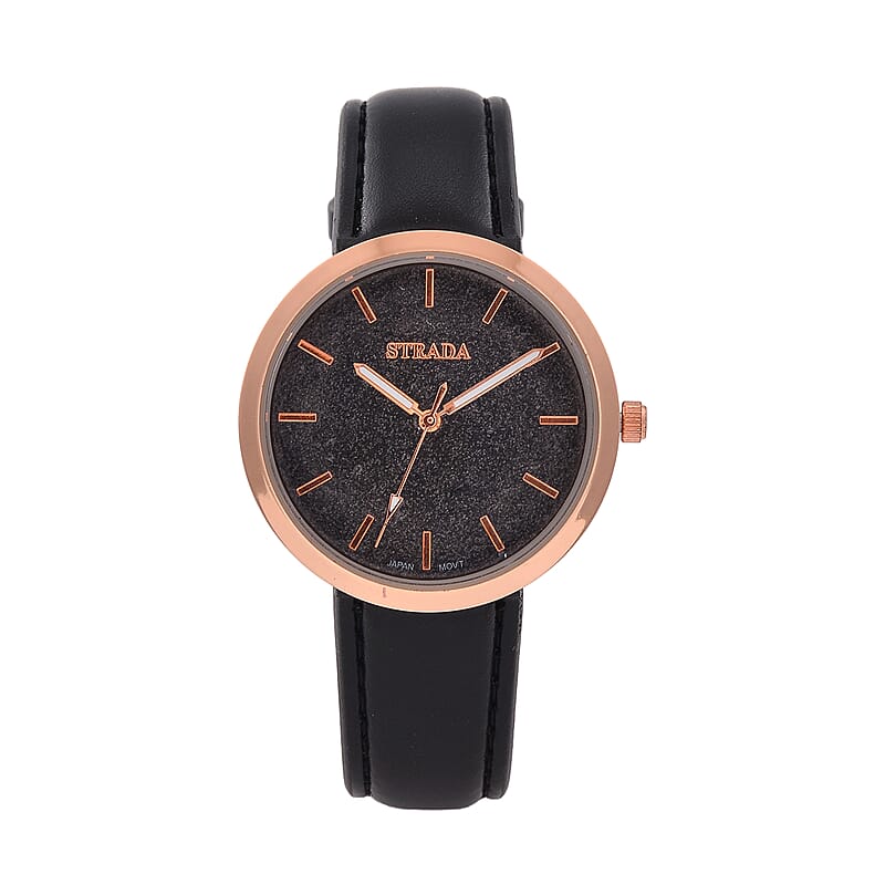 Strada Japanese Movement Black Stardust Dial Watch with Black Faux Leather Strap