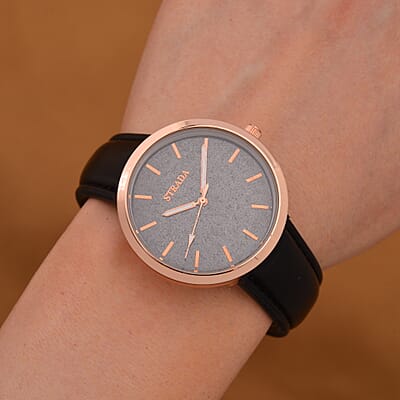 Strada Japanese Movement Black Stardust Dial Watch with Black Faux Leather Strap