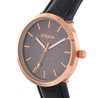 Strada Japanese Movement Black Stardust Dial Watch with Black Faux Leather Strap