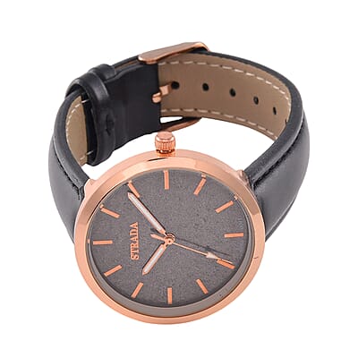 Strada Japanese Movement Black Stardust Dial Watch with Black Faux Leather Strap