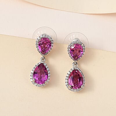 African Lilac Quartz (Triplet) and White Zircon Dangling Earrings in Platinum Over Sterling Silver 7.75 ctw