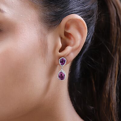African Lilac Quartz (Triplet) and White Zircon Dangling Earrings in Platinum Over Sterling Silver 7.75 ctw