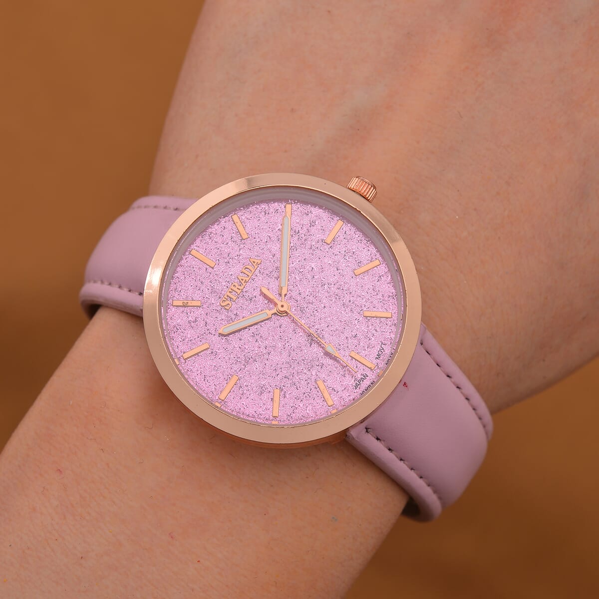 Strada Japanese Movement Pink Stardust Dial Watch with Pink Faux Leather Strap image number 1