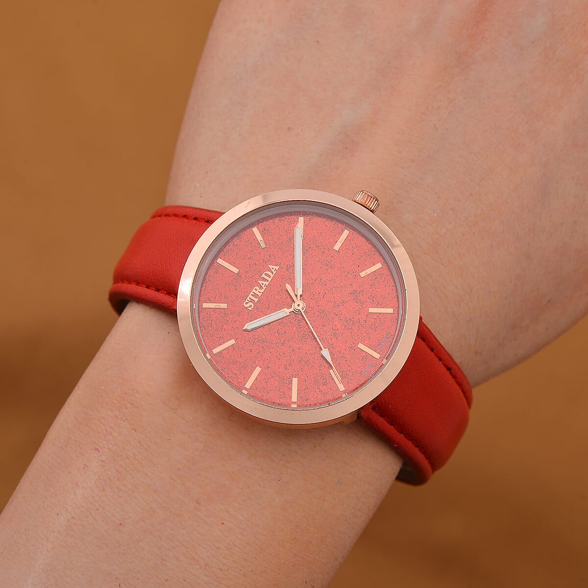 Strada Japanese Movement Red Stardust Dial Watch with Red Faux Leather Strap image number 1