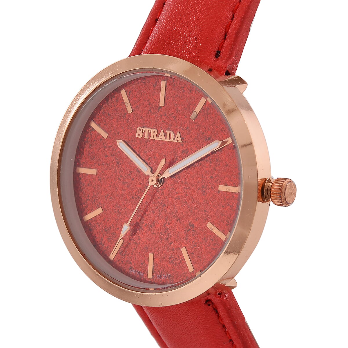 Strada Japanese Movement Red Stardust Dial Watch with Red Faux Leather Strap image number 2