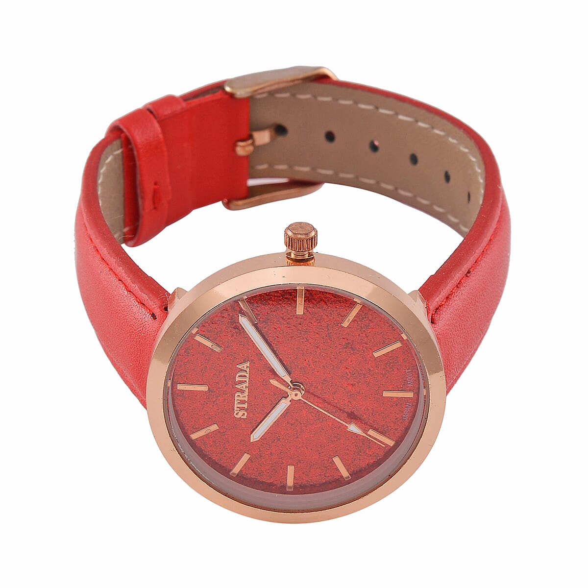 Strada Japanese Movement Red Stardust Dial Watch with Red Faux Leather Strap image number 3