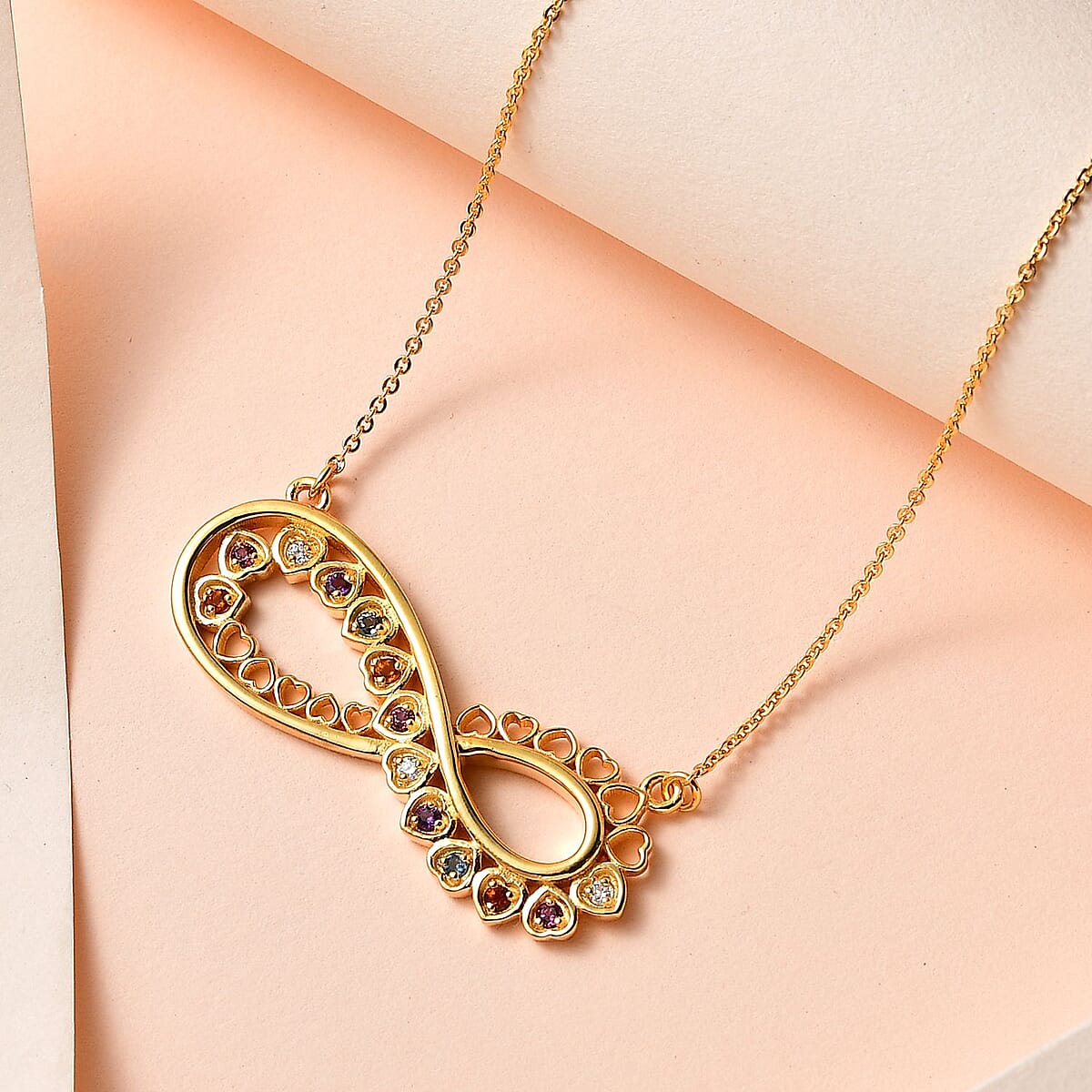 Multi Gemstone Infinity Necklace 18 Inches in Vermeil Yellow Gold Over Sterling Silver 0.20 ctw image number 1