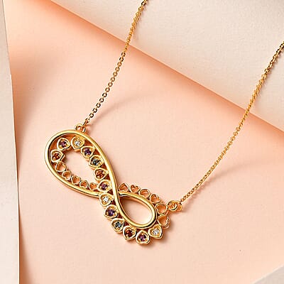 Multi Gemstone Infinity Necklace 18 Inches in Vermeil Yellow Gold Over Sterling Silver 0.20 ctw
