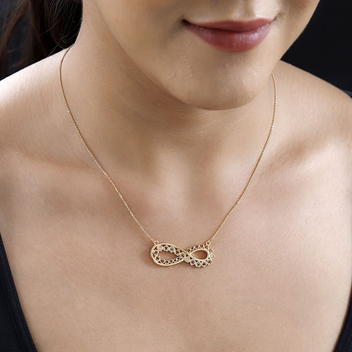 Multi Gemstone Infinity Necklace 18 Inches in Vermeil Yellow Gold Over Sterling Silver 0.20 ctw image number 2