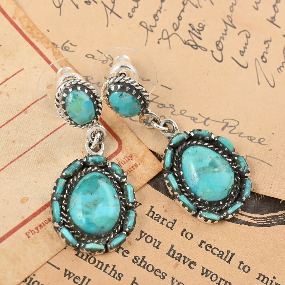 SANTA FE Style Kingman Turquoise Earrings in Sterling Silver 4.25 ctw image number 1