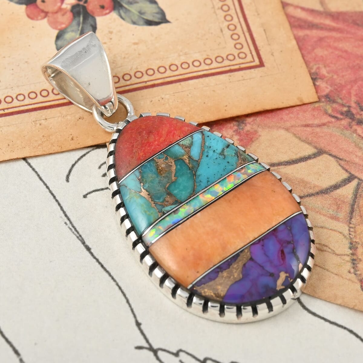 SANTA FE Style Multi Gemstone Pendant in Sterling Silver 4.10 ctw image number 1