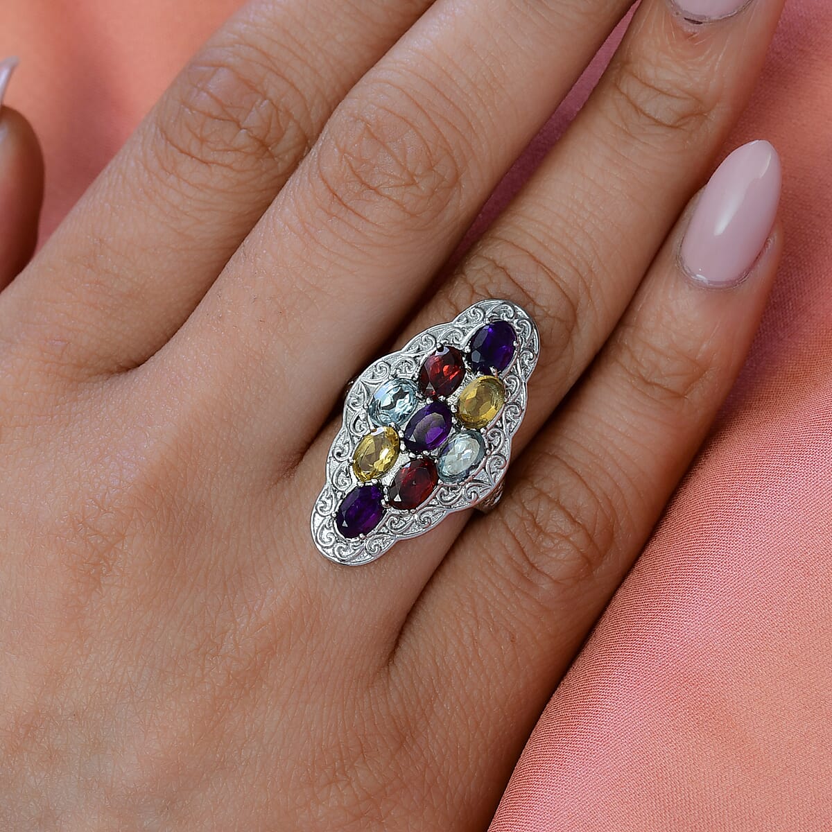 Multi Gemstone Ring in Stainless Steel (Size 8.0) 4.70 ctw | Tarnish-Free, Waterproof, Sweat Proof Jewelry image number 2
