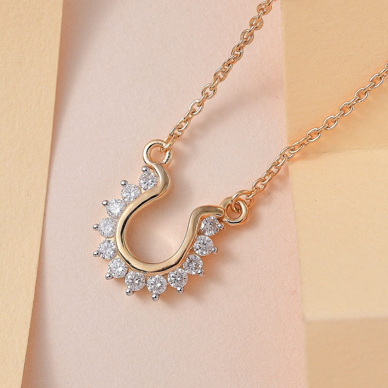 Moissanite Fancy Lucky Horseshoe Necklace (Size - 18) in Vermeil YG Sterling Silver 0.38 ctw
