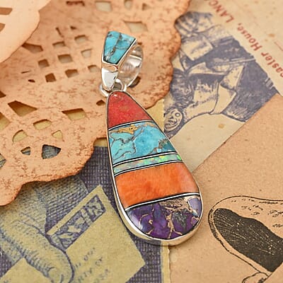 Santa Fe Style Multi Gemstone Pendant in Sterling Silver 3.75 ctw