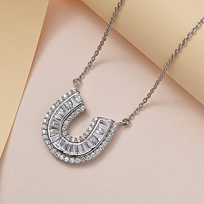 White Zircon Lucky Horseshoe Necklace 18 Inches in Platinum Over Sterling Silver 2.90 ctw