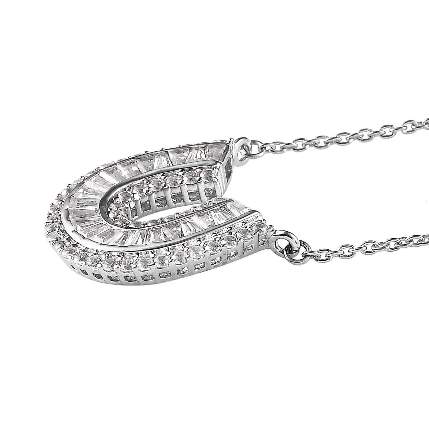 White Zircon Lucky Horseshoe Necklace 18 Inches in Platinum Over Sterling Silver 2.90 ctw