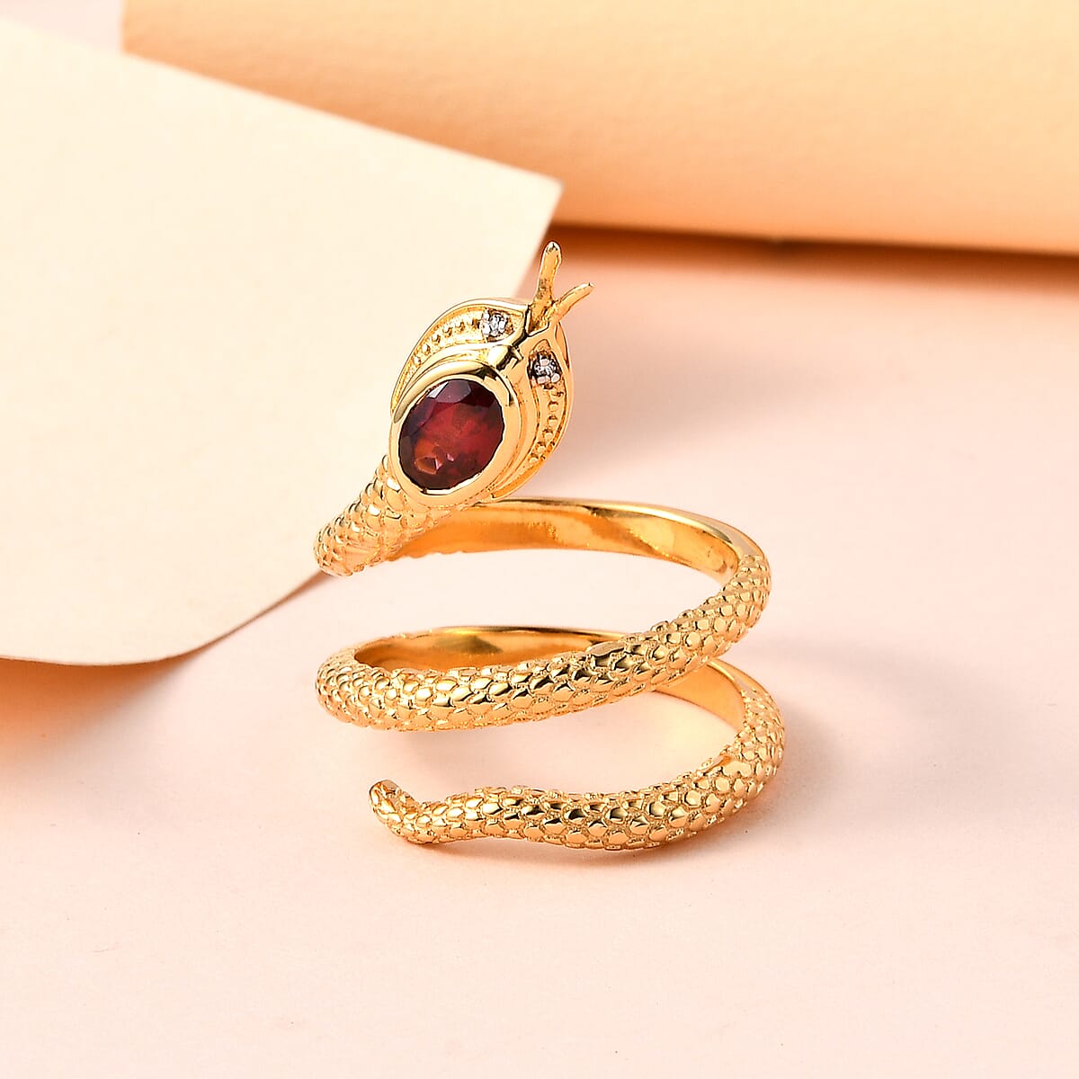 Orissa Rhodolite Garnet and Moissanite Spiral Snake Ring in Vermeil Yellow Gold Over Sterling Silver (Size 6.0) 0.50 ctw image number 1