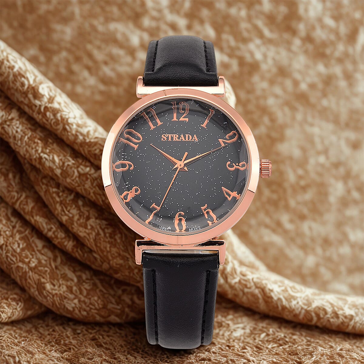 Strada Japanese Movement Starry Sky Pattern Dial Watch with Black Faux Leather Strap image number 1