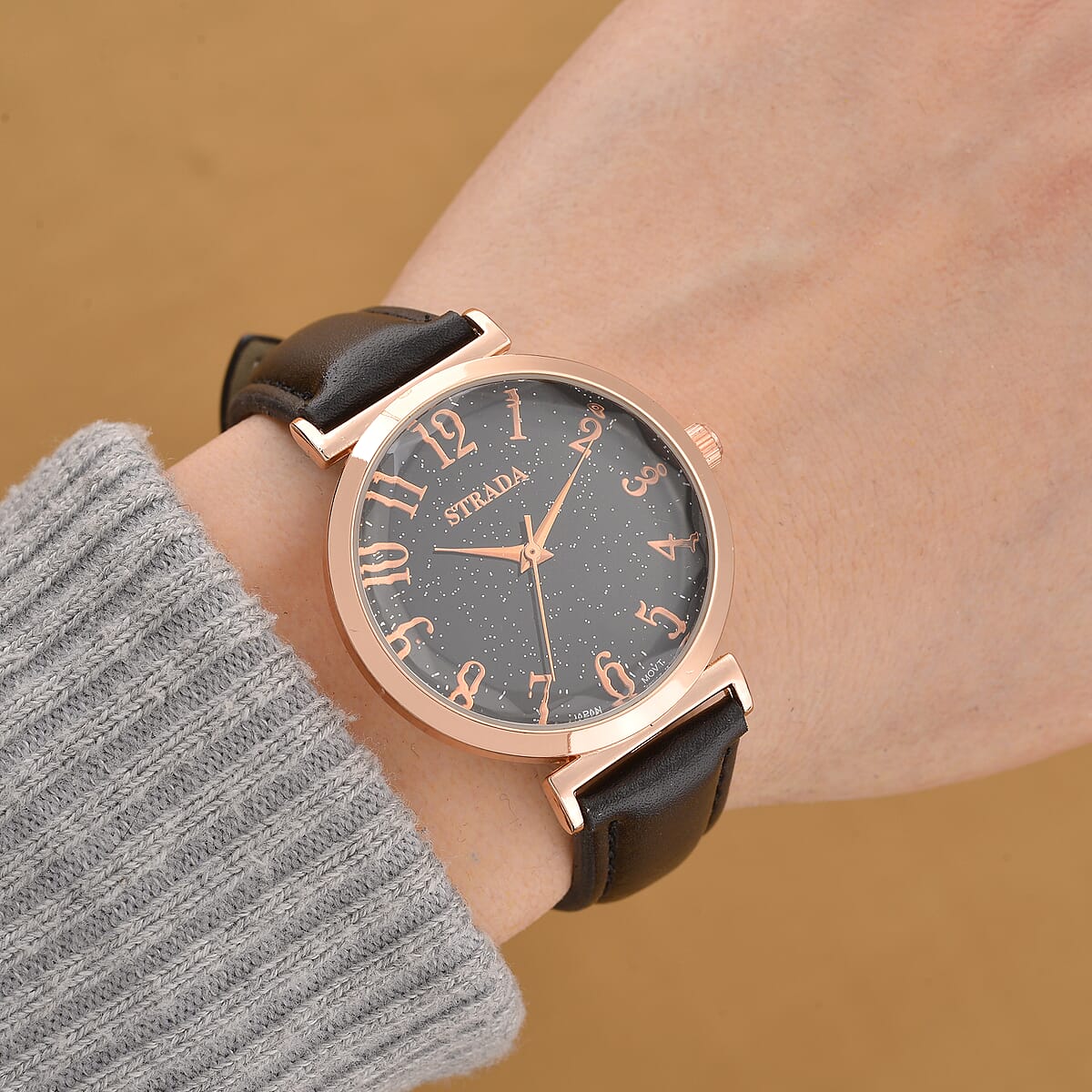 Strada Japanese Movement Starry Sky Pattern Dial Watch with Black Faux Leather Strap image number 2