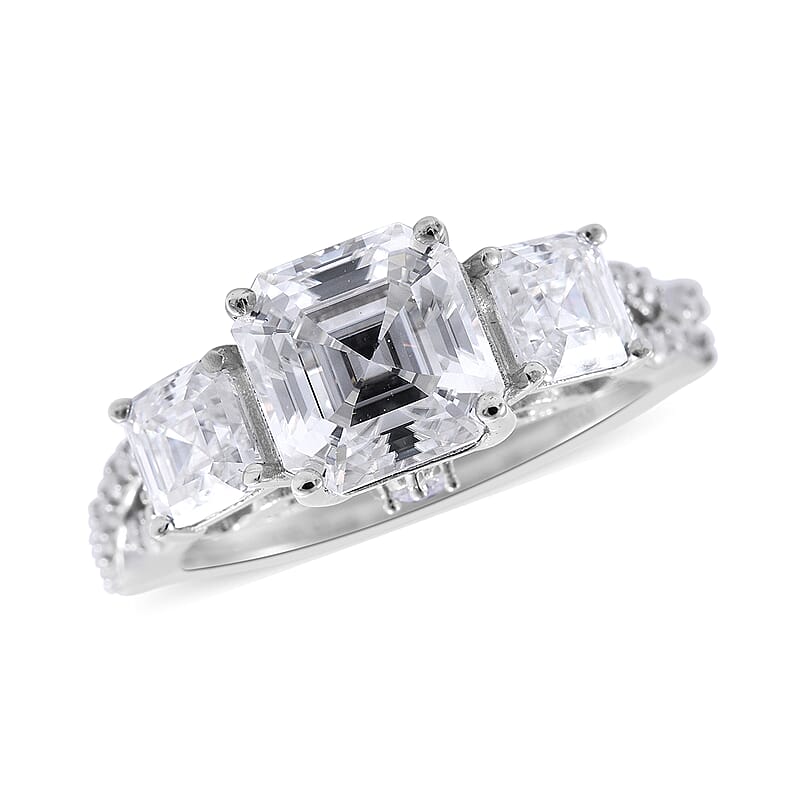 Asscher Cut Moissanite Ring in Platinum Over Sterling Silver (Size 10.0) 3.60 ctw