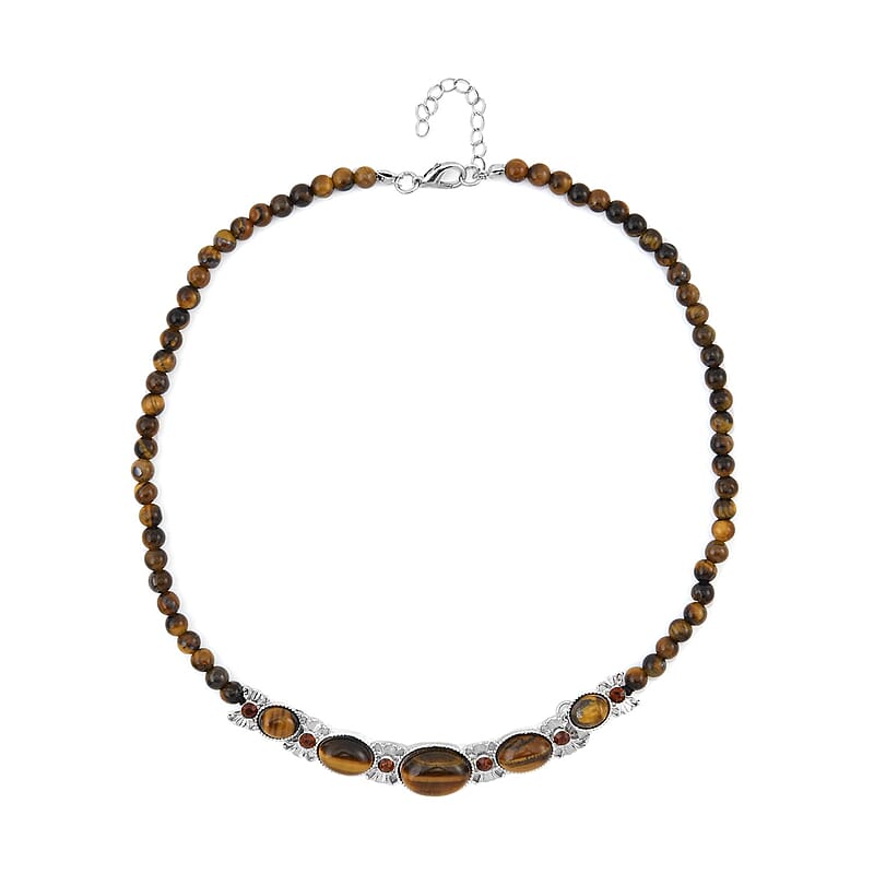 Yellow Tigers Eye and Brown Glass Beaded Necklace 18-20 Inches in Silvertone 133.00 ctw
