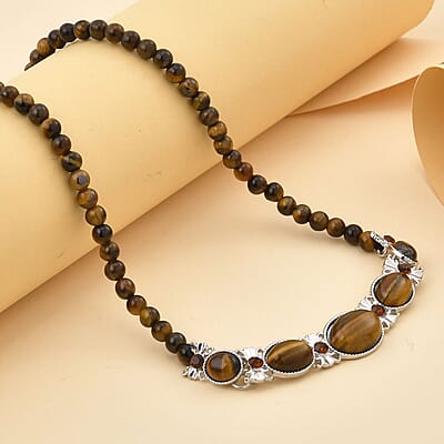 Yellow Tigers Eye and Brown Glass Beaded Necklace 18-20 Inches in Silvertone 133.00 ctw