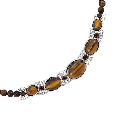 Yellow Tigers Eye and Brown Glass Beaded Necklace 18-20 Inches in Silvertone 133.00 ctw