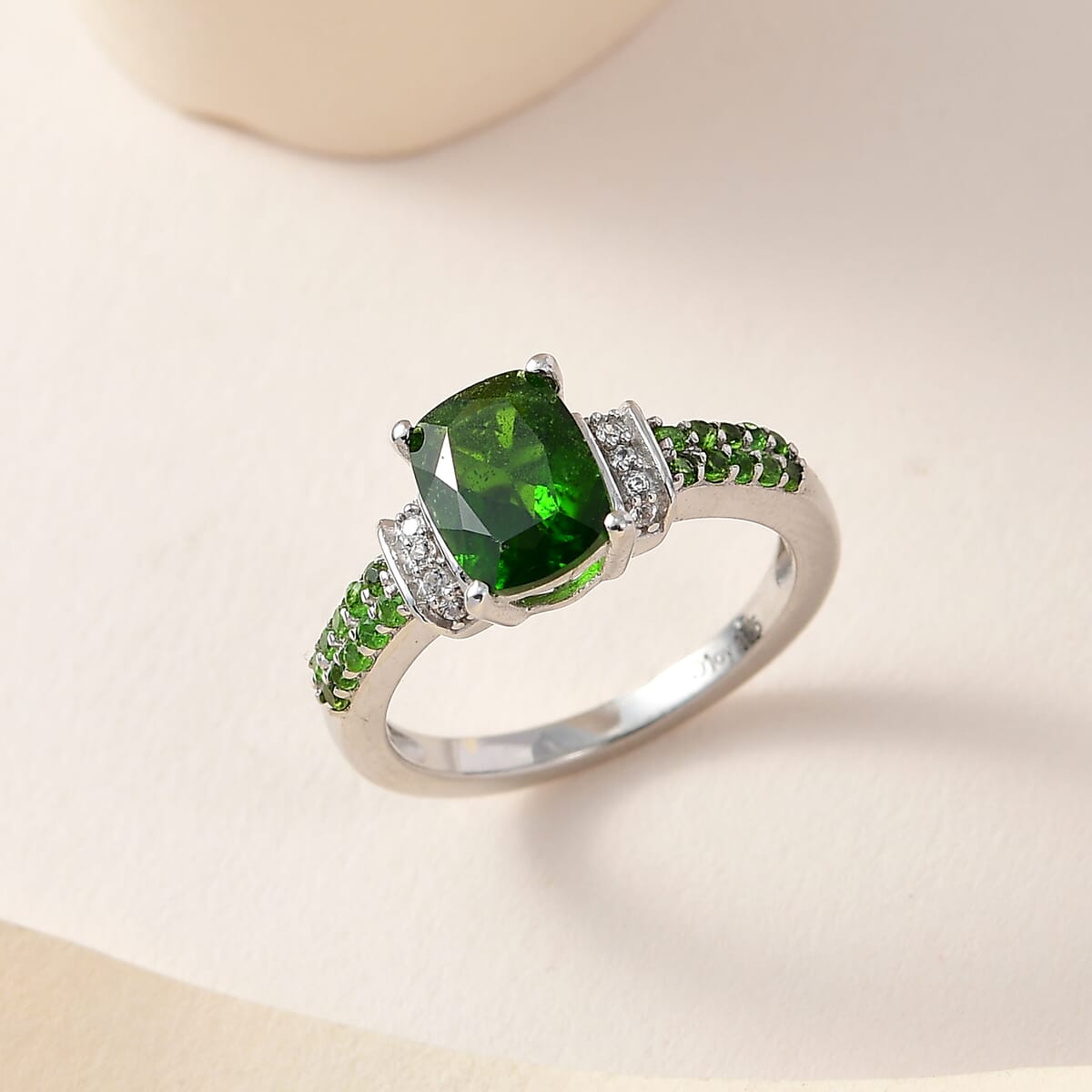 Chrome Diopside and White Zircon Ring in Platinum Over Sterling Silver (Size 6.0) 1.50 ctw image number 1