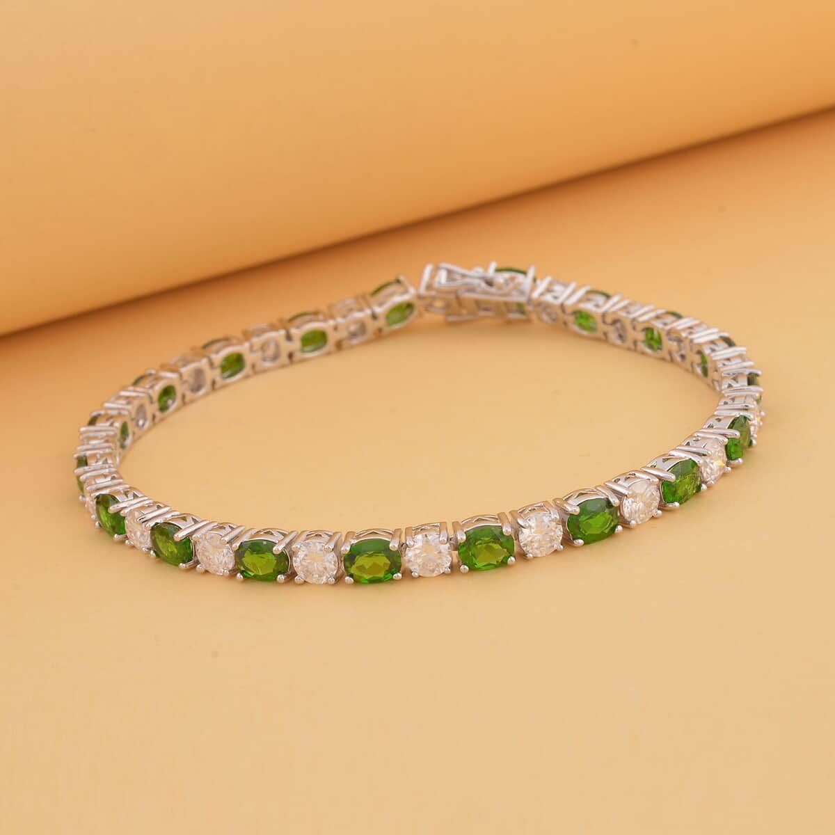 Chrome Diopside and Moissanite Tennis Bracelet in Rhodium Over Sterling Silver (7.25 In) 12.10 ctw image number 1