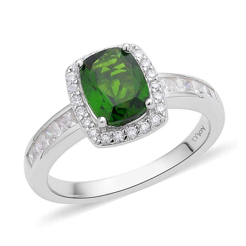 Chrome Diopside and Moissanite Halo Ring in Rhodium Over Sterling Silver (Size 10.0) 1.85 ctw