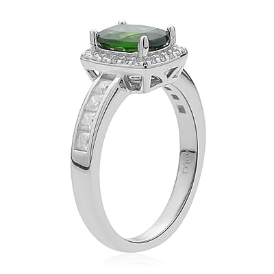 Chrome Diopside and Moissanite Halo Ring in Rhodium Over Sterling Silver (Size 10.0) 1.85 ctw