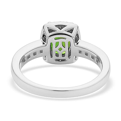 Chrome Diopside and Moissanite Halo Ring in Rhodium Over Sterling Silver (Size 10.0) 1.85 ctw