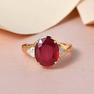 African Ruby and Moissanite 7.14 ctw Ring in Vermeil Yellow Gold Over Sterling Silver (Size 11.5)