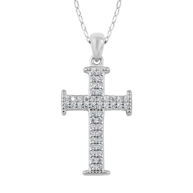 Simulated Diamond Studded Cross Pendant Necklace 18 Inches in Rhodium Over Sterling Silver 1.00 ctw