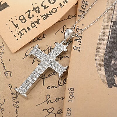 Simulated Diamond Studded Cross Pendant Necklace 18 Inches in Rhodium Over Sterling Silver 1.00 ctw