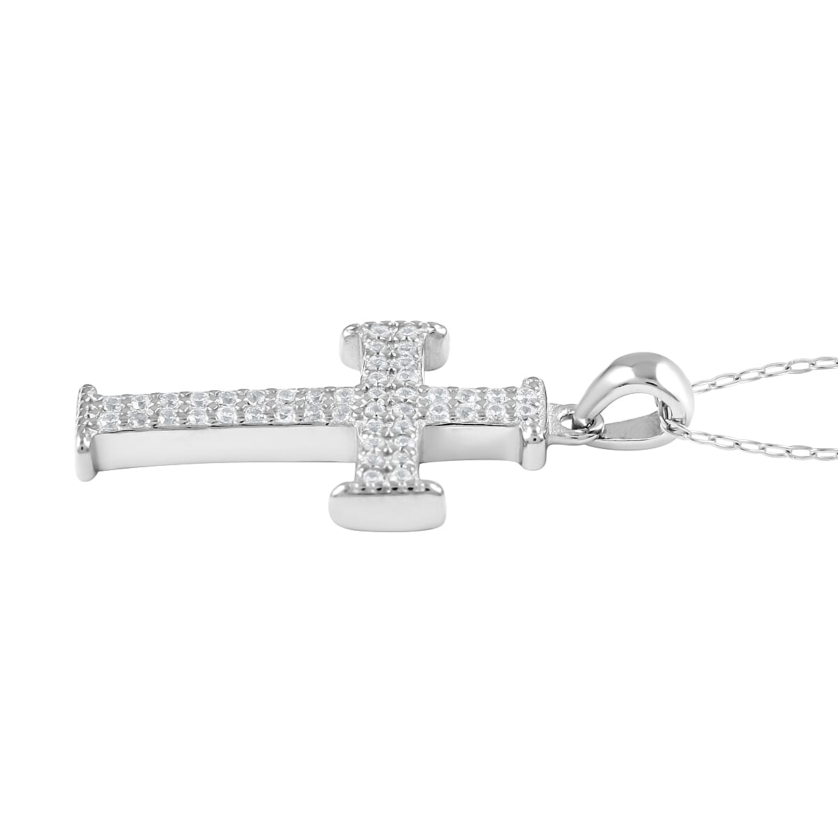 Simulated Diamond Studded Cross Pendant Necklace 18 Inches in Rhodium Over Sterling Silver 1.00 ctw image number 3