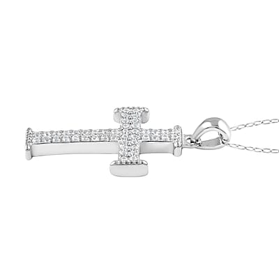 Simulated Diamond Studded Cross Pendant Necklace 18 Inches in Rhodium Over Sterling Silver 1.00 ctw