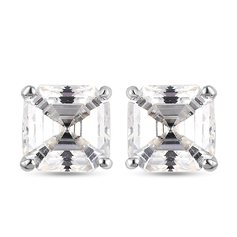 Asscher Cut Moissanite Stud Earrings in Platinum Over Sterling Silver 2.40 ctw