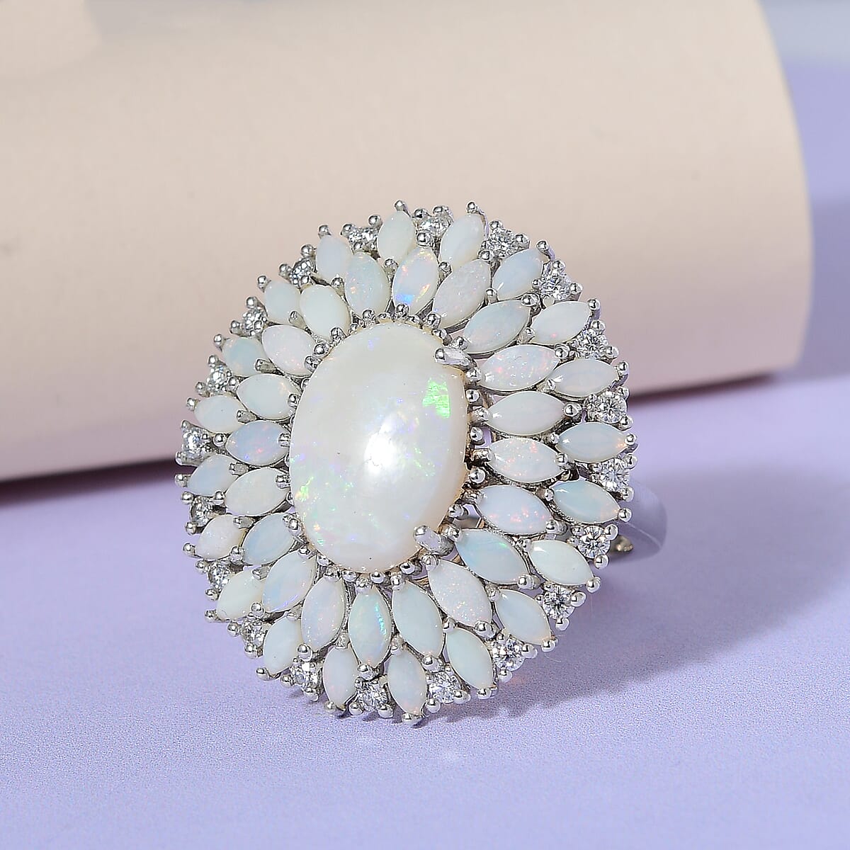Australian White Opal and Moissanite Floral Ring in Platinum Over Sterling Silver 6.85 ctw image number 1