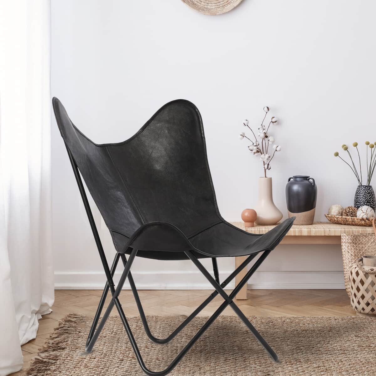 Black Butterfly Chair in Genuine Leather with Canvas Lining & Metal Frame image number 1