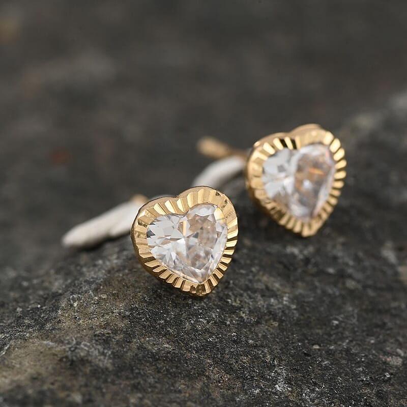 14K Yellow Gold Simulated Diamond Heart Shape Stud Earrings 0.80 ctw