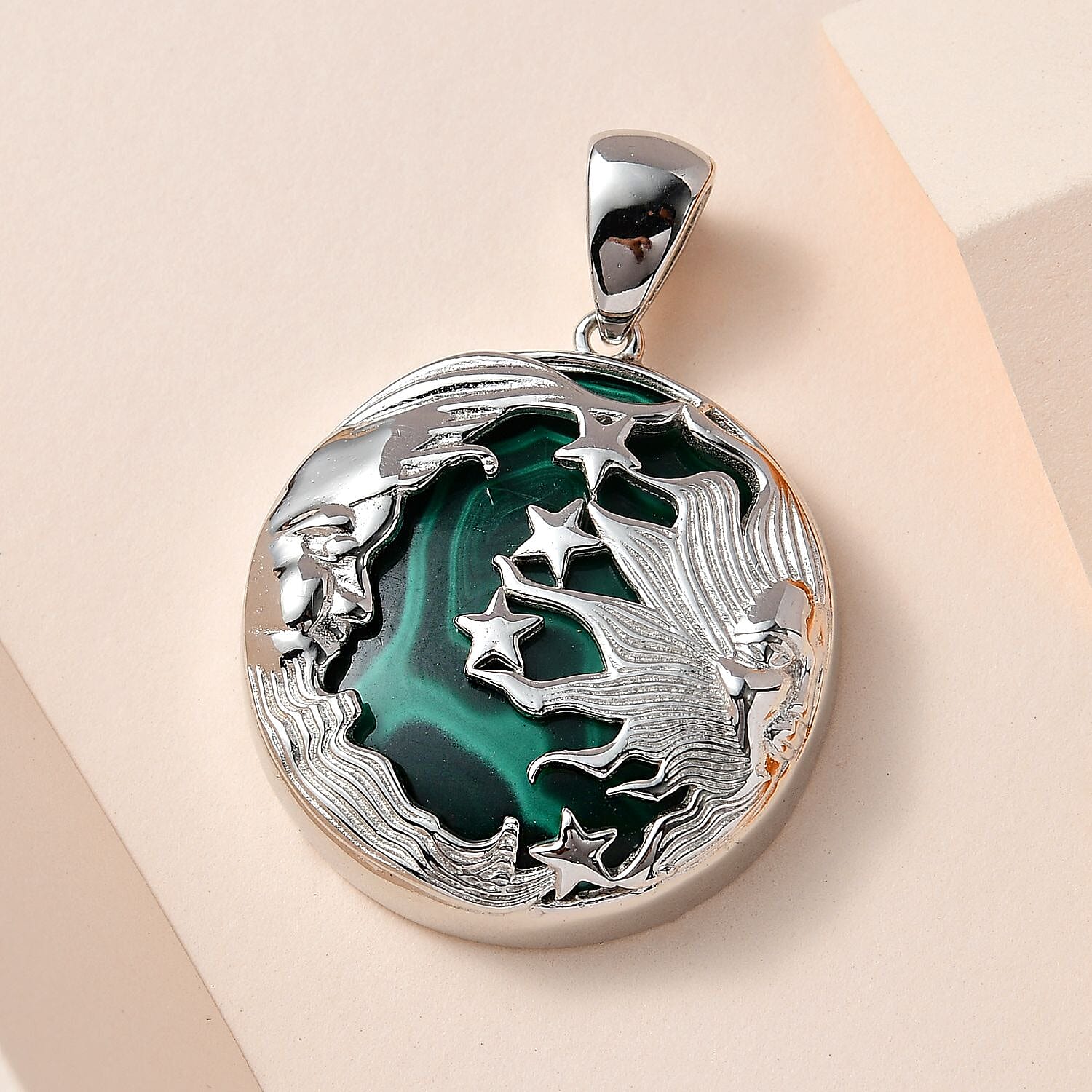 African Malachite Celestial Pendant in Platinum Over Copper with Magnet 62.15 ctw