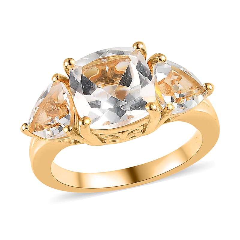 White Topaz 3 Stone Ring in Vermeil Yellow Gold Over Sterling Silver (Size 10.0) 4.60 ctw