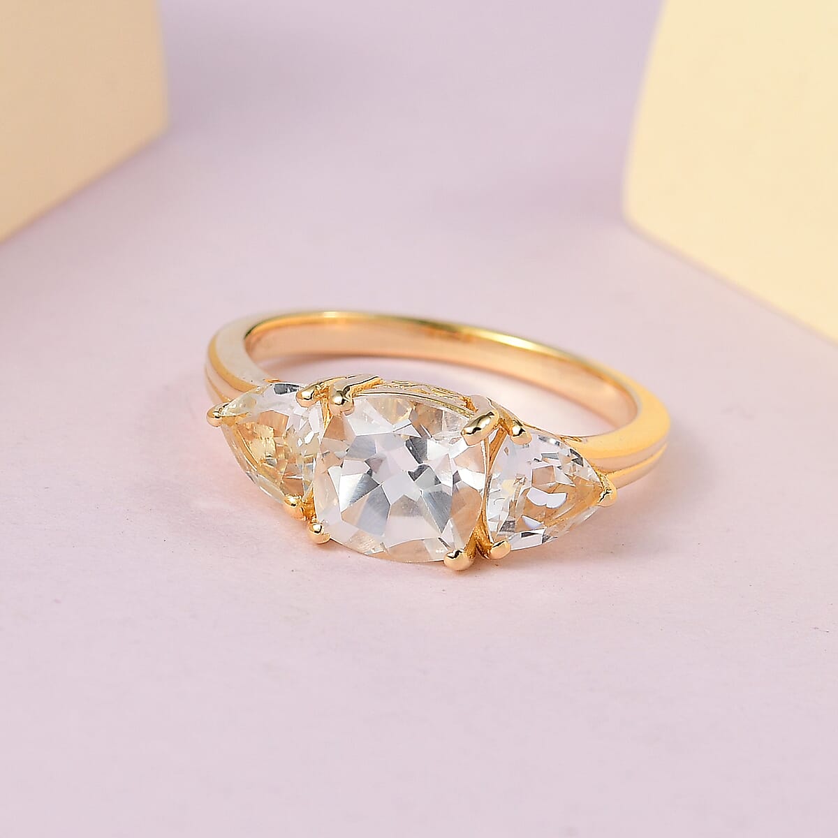 White Topaz 3 Stone Ring in Vermeil YG Over Sterling Silver (Size 9.0) 4.60 ctw image number 1