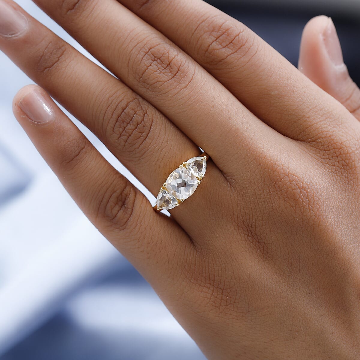 White Topaz 3 Stone Ring in Vermeil YG Over Sterling Silver (Size 9.0) 4.60 ctw image number 2