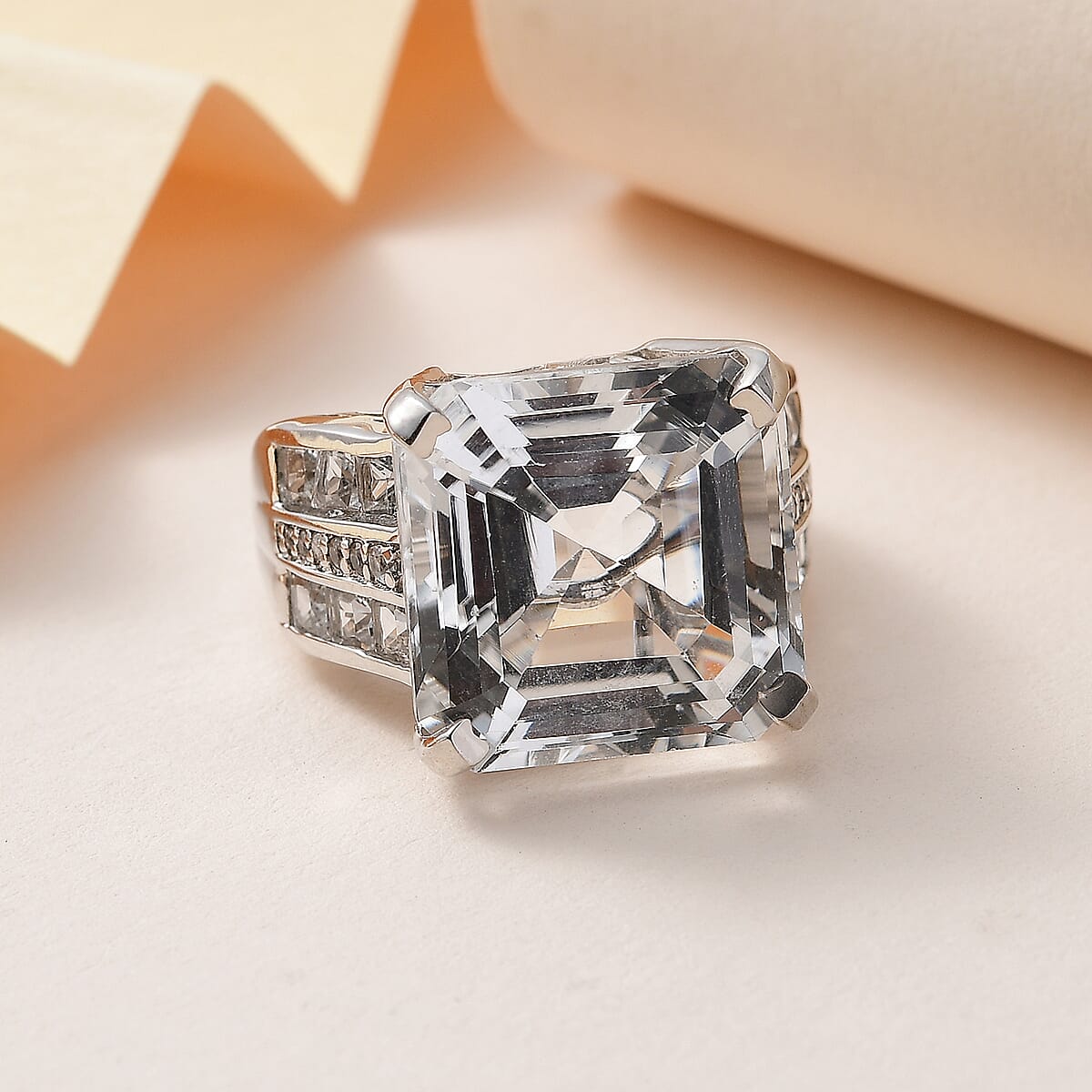 Asscher Cut White Topaz Ring in Platinum Over Sterling Silver (Size 7.0) 16.50 ctw image number 1