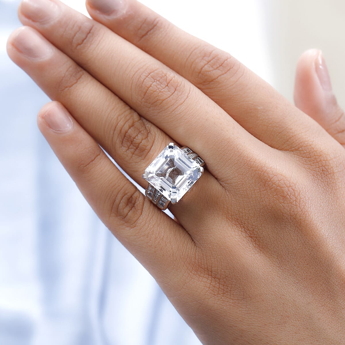 Asscher Cut White Topaz Ring in Platinum Over Sterling Silver (Size 7.0) 16.50 ctw image number 2