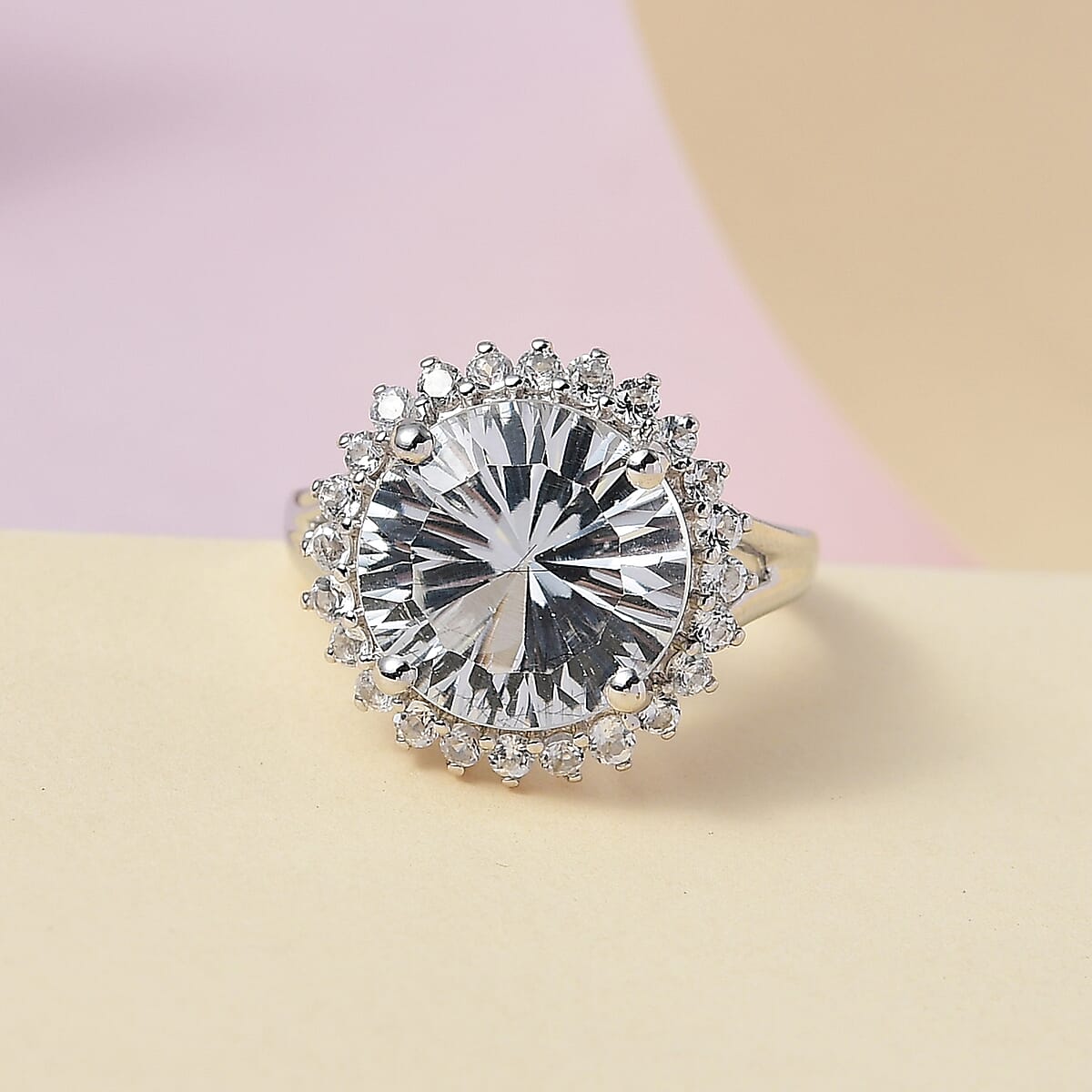 Concave Cut White Topaz Halo Ring in Platinum Over Sterling Silver (Size 6.0) 9.10 ctw image number 1